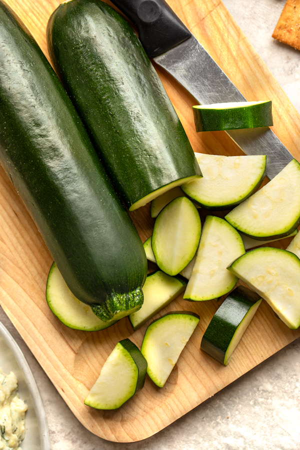 Sliced Zucchini for Roasted Zucchini Dip | thecozyapron.com