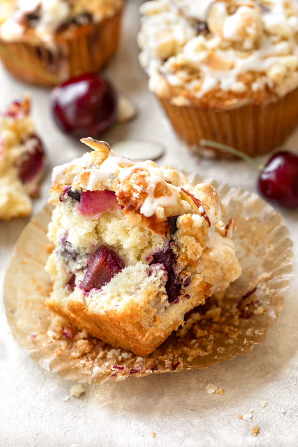 An inside view of a fresh baked Cherry Muffin | thecozyapron.com