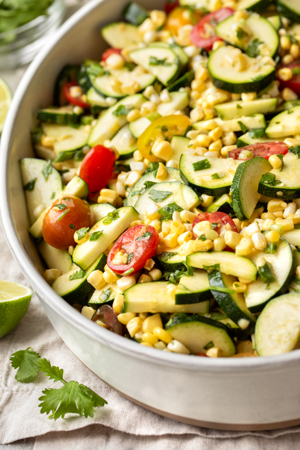 A large serving bowl of Zucchini Salad | thecozyapron.com