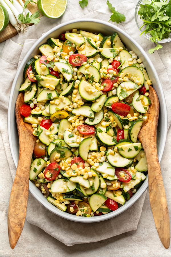 Overhead shot of Zucchini Salad in a large serving bowl | thecozyapron.com