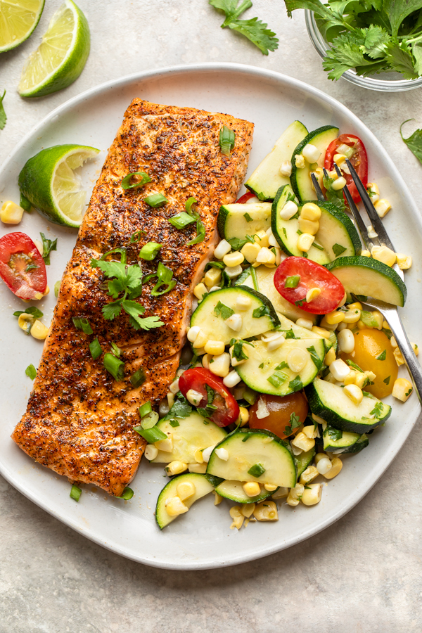 Zucchini Salad Plated with broiled Salmon | thecozyapron.com