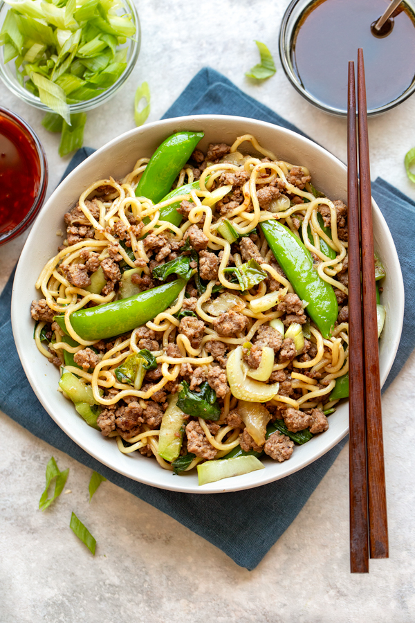 Overhead shot on a bowl of Beef Ramen Noodles with Snap Peas | thecozyapron.com