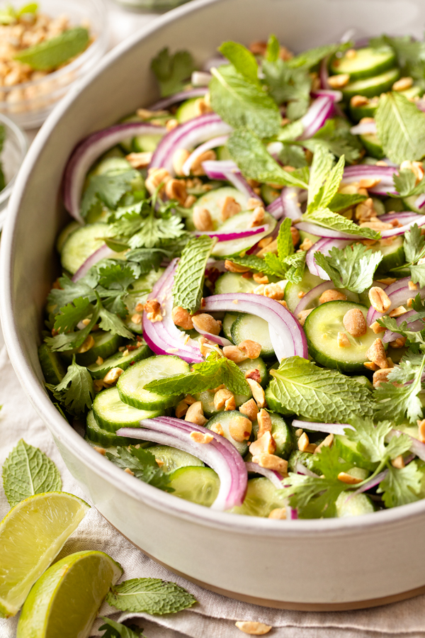 A large serving bowl of freshly made Thai Cucumber Salad | thecozyapron.com