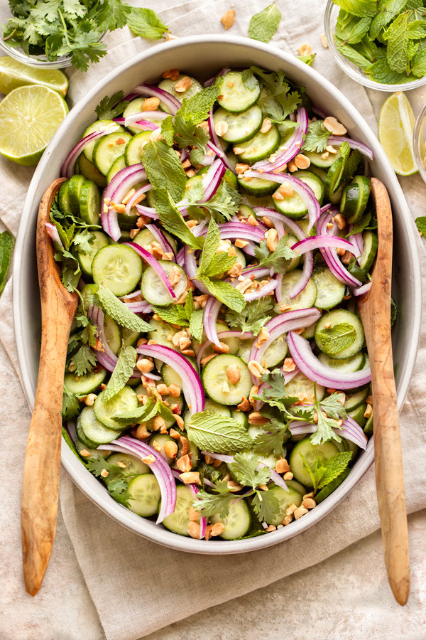 Overhead shot of a large serving bowl of freshly made Thai Cucumber Salad | thecozyapron.com