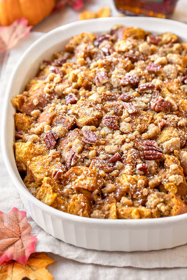 Freshly Baked Pumpkin French Toast Casserole | thecozyapron.com