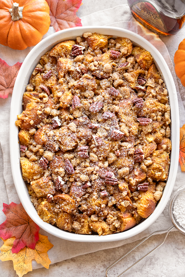 Freshly baked Pumpkin French Toast Casserole | thecozyapron.com